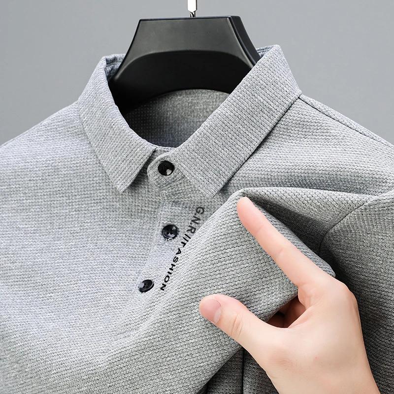Sports Shirt Mens Waffle Long Sleeved POLO Shirt with Letter Printed Lapel Casual Top